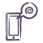 contact us - cell phone with speech bubble that has cake roll swirl icon