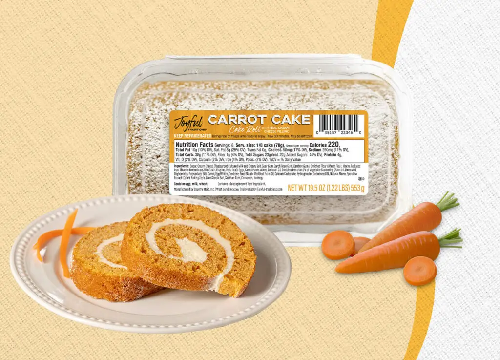 Carrot Cake Cake Roll in clamshell with label, cake roll slices, and carrot flavor icon